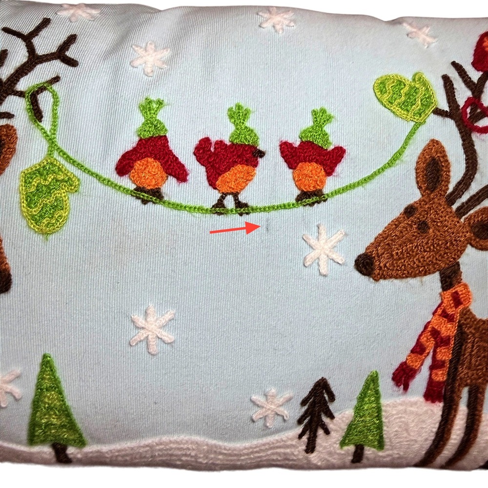 Pier 1 Embroidered Reindeer Birds Christmas Decorative Pillow Light Blue Festive - Picture 3 of 11